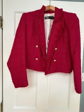 ZARA Hot Pink Tweed Double-Breasted Cropped Blazer